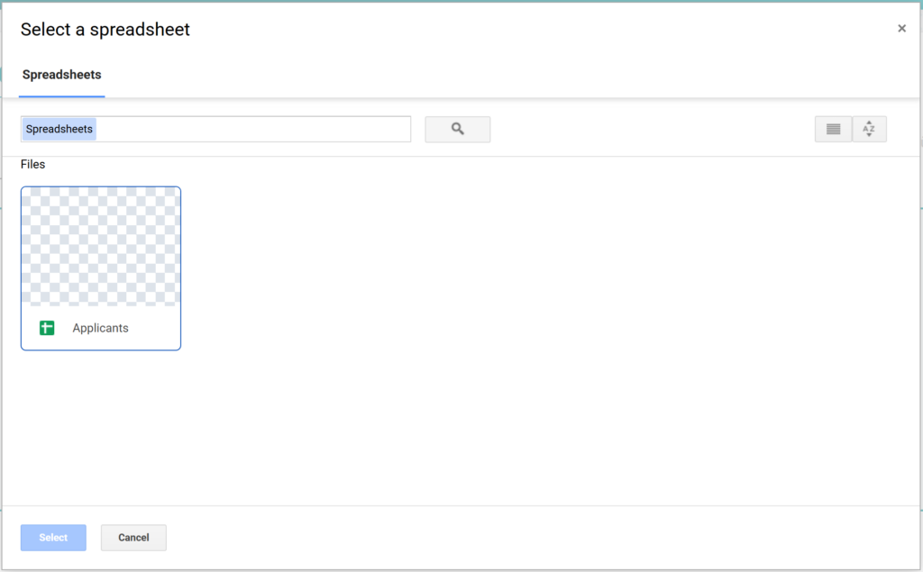 Google Drive file picker dialog showing spreadsheets available for selection