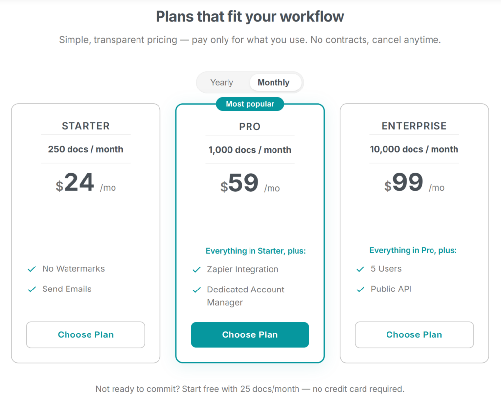 The pricing page highlighting the Starter plan card between Free and Pro, showing "250 documents/month"