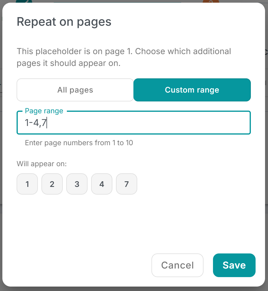 The "Repeat on pages" dialog showing the "Custom range" option