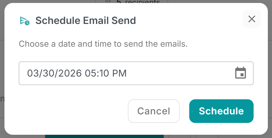 MailMergic schedule dialog with a date and time picker showing a future send date