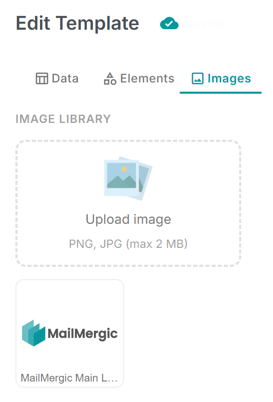 The editor sidebar showing the Images tab with uploaded images in a grid — a company logo