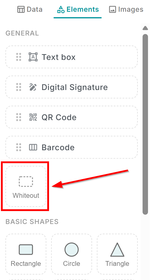 The MailMergic editor sidebar showing the Cover and erase section with the Whiteout element tile